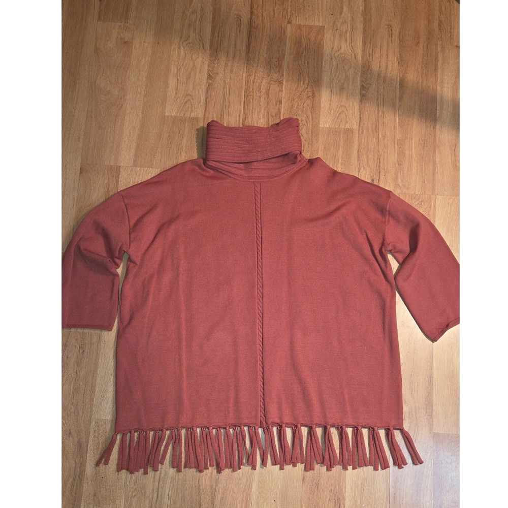 Weekend Suzanne Betro Rust Orange Fringe Turtleneck Poncho Sweater 1X 2X